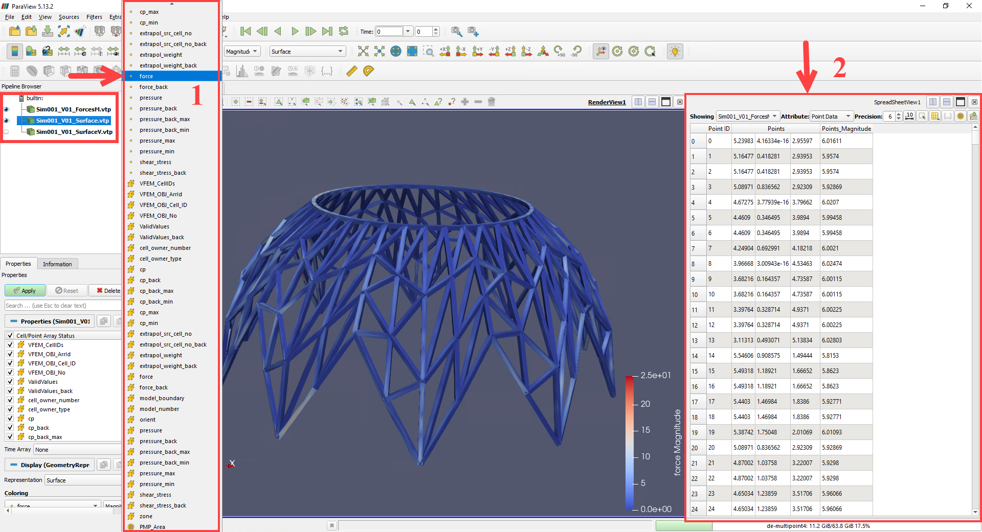 Visualization of nodal forces from wind load analysis in ParaView using RWIND simulation data.