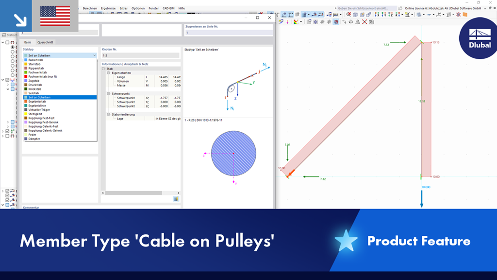 Display of the "Cable on Pulleys" member type, highlighted in a structural modeling for increased stress analysis.