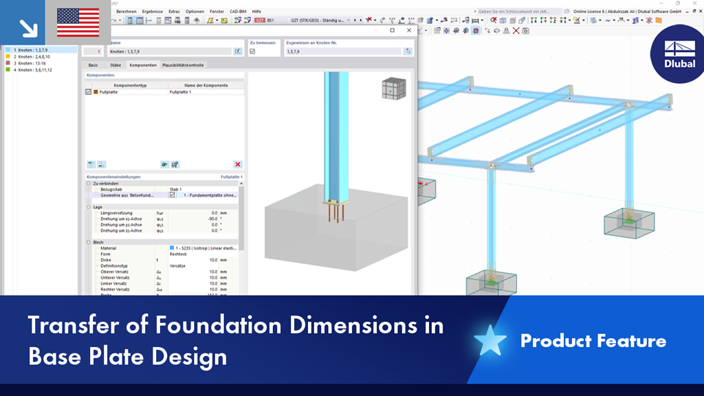 Visualization of the transfer of individual foundation dimensions during foundation design in software. Screenshot of a dialog box with optional input boxes for parameters, such as width, length, and depth. There are visual notes on the use of these parameters in the structural analysis. Professional engineering software model to support structural analysis.