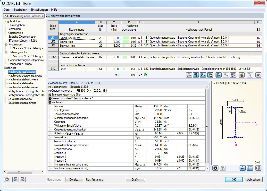 The result window shows detailed design checks and intermediate values for structural analyses.