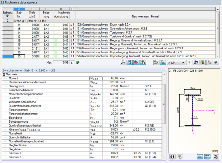 Window for calculating design checks by set of members with detailed input boxes.