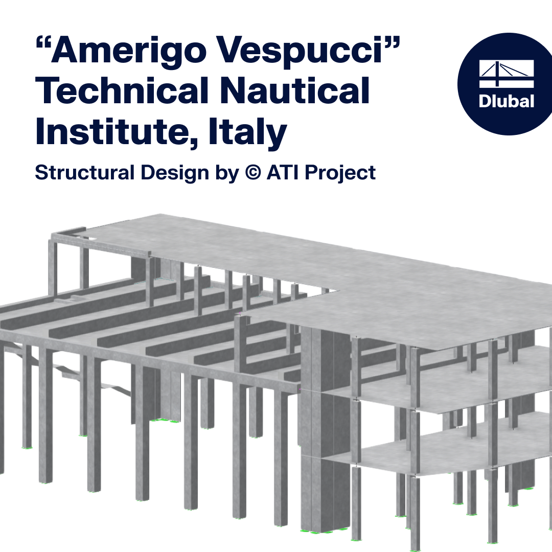 Structural analysis model of the Amerigo Vespucci Technical Nautical Institute in Italy, showing complex geometry and design elements.
