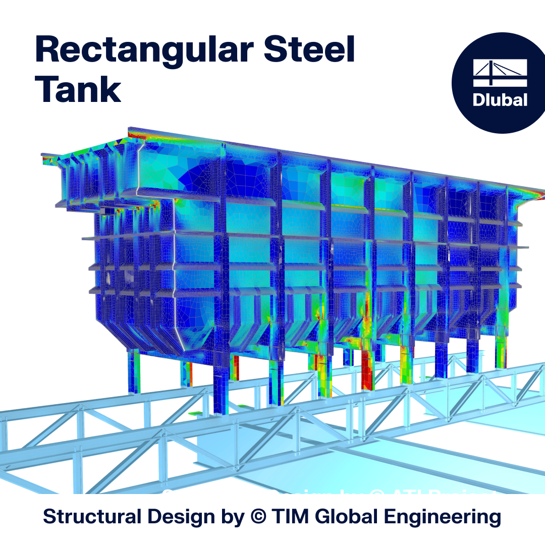 Engineering model of a rectangular steel tank highlighting structural analysis results.