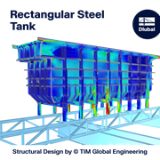 Engineering model of a rectangular steel tank highlighting structural analysis results.