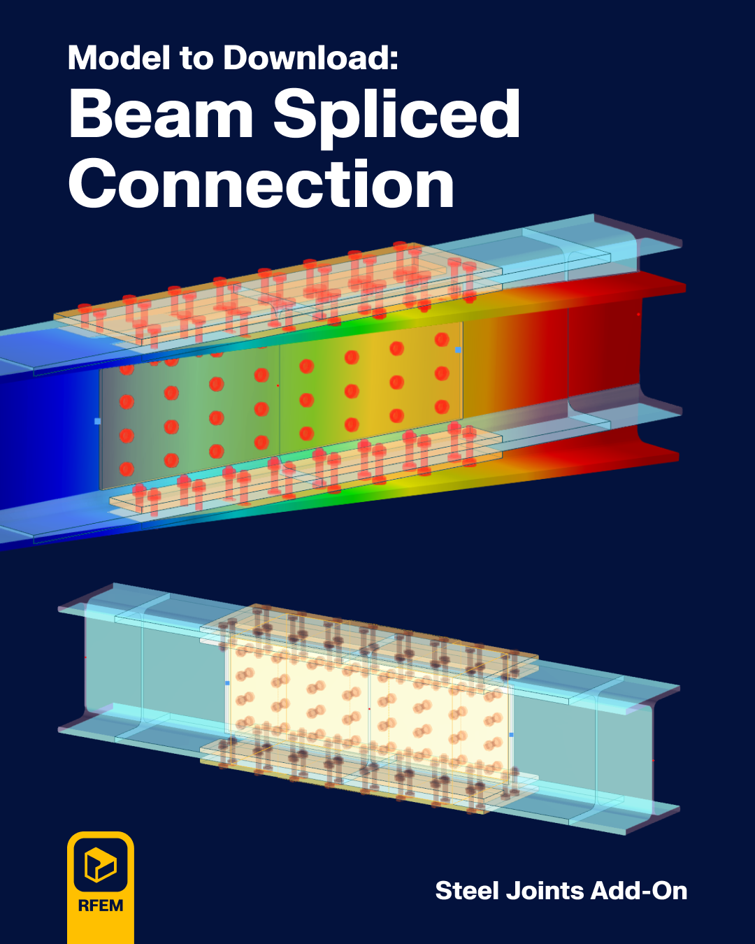 3D view of a bolted butt strap joint with detailed connection design elements.