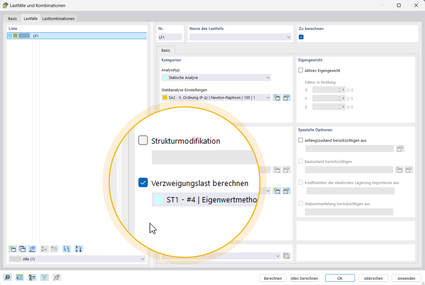 Analysis of a structure with an add-on for stability analysis for load cases and combinations.