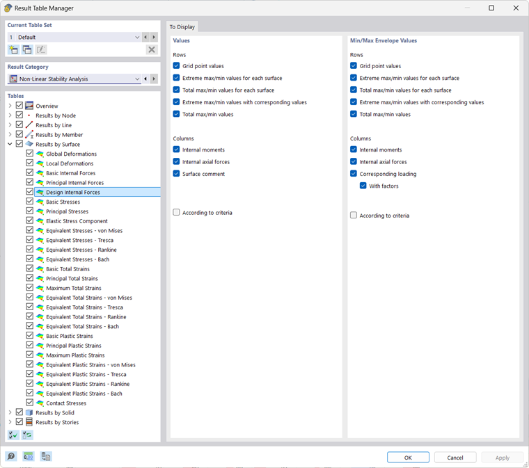 The Results Table Manager shows the overview details of results obtained by incremental analysis methods in Dlubal Software.