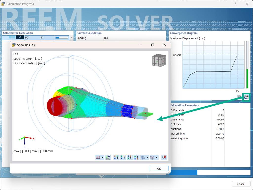 Display of model deformations in the analysis progress window of the program.