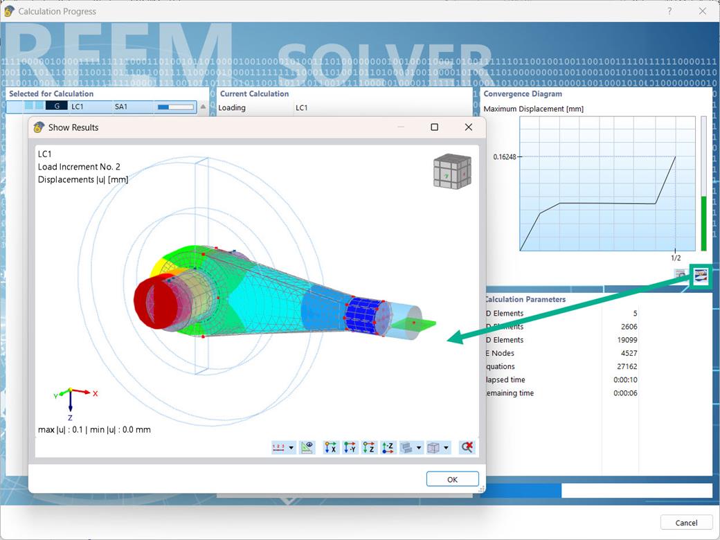 Display of model deformations in the analysis progress window of the program.