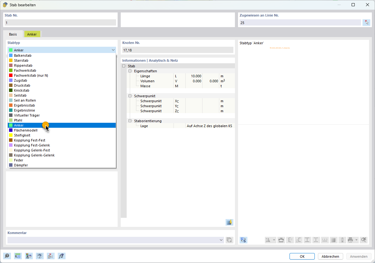 Dialog box for selecting the Anchor member type in the engineering software.