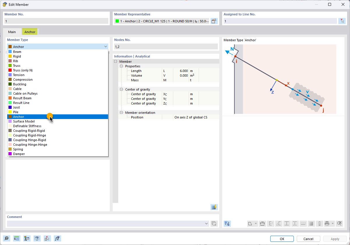Dialog box for selecting the Anchor member type in the engineering software.