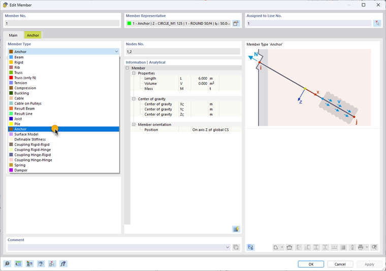Dialog box for selecting the Anchor member type in the engineering software.
