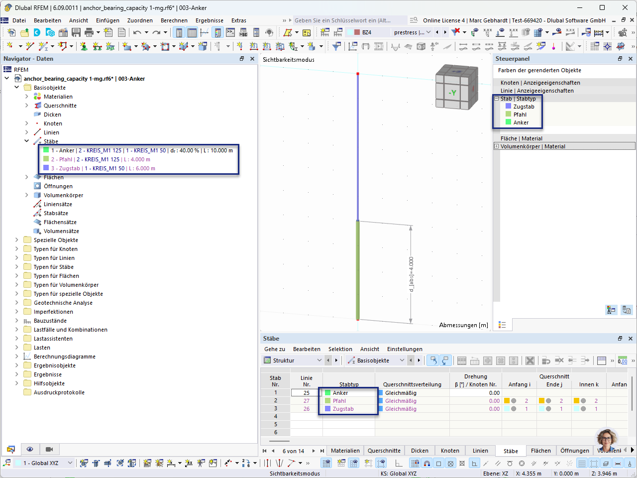 Program interface showing anchor with generated tension members and piles in detailed view.