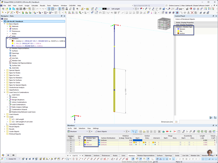 Program interface showing anchor with generated tension members and piles in detailed view.