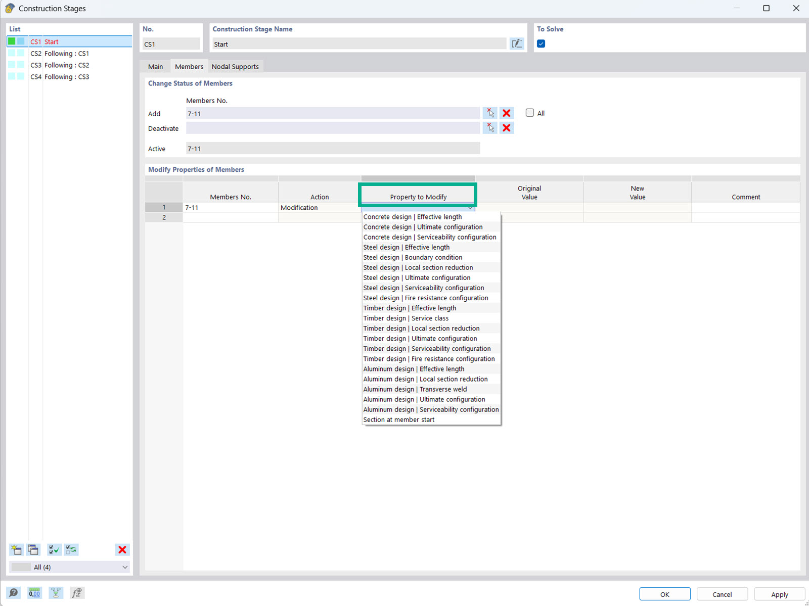 The as-built analysis allows for the customization of properties, such as members and surfaces, in different construction stages.