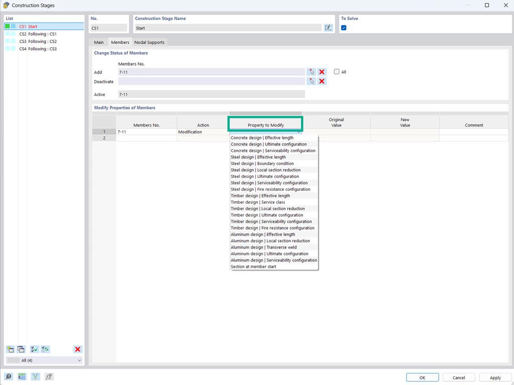 The as-built analysis allows for the customization of properties, such as members and surfaces, in different construction stages.