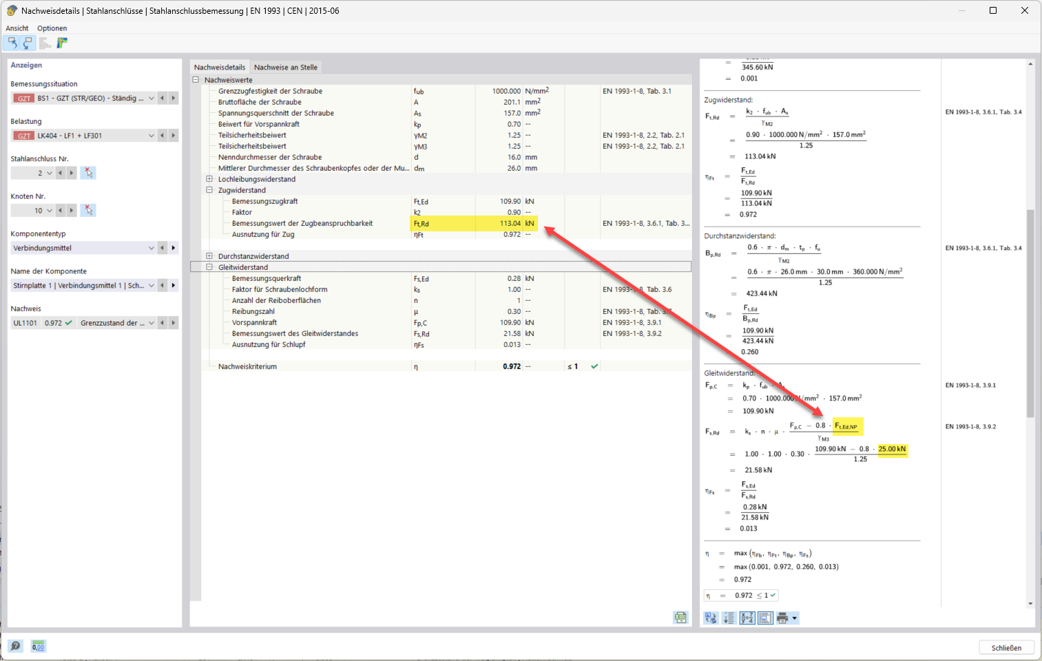 Detailed view of the structural analysis of a structural component in terms of sliding and tension resistance.