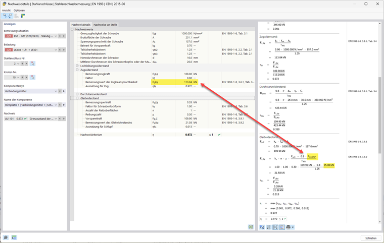 Detailed view of the structural analysis of a structural component in terms of sliding and tension resistance.