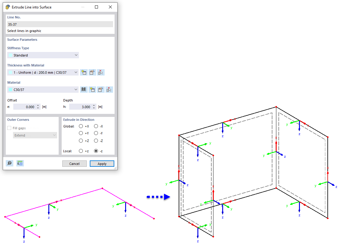 Extruding Lines into Surfaces with Result