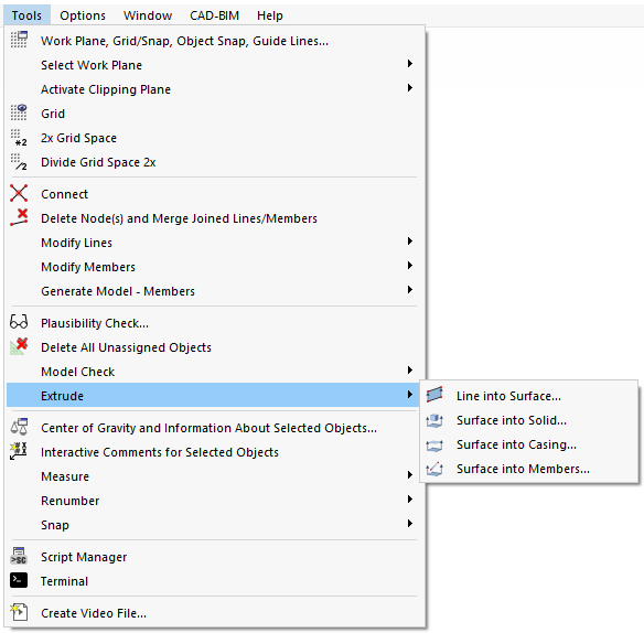 Extrusion functions in the 3D menu for the design of structural components and structural projects.