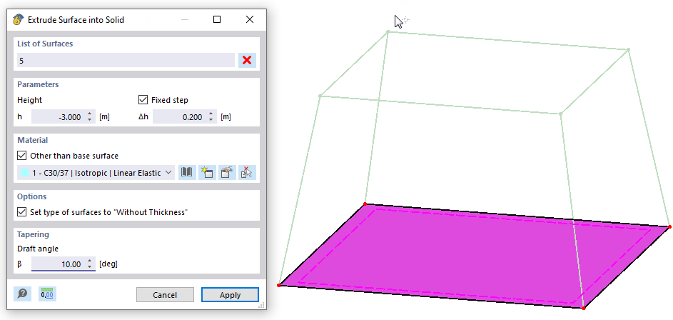 Extruding a surface into a solid in a CAD software to visualize geometries.