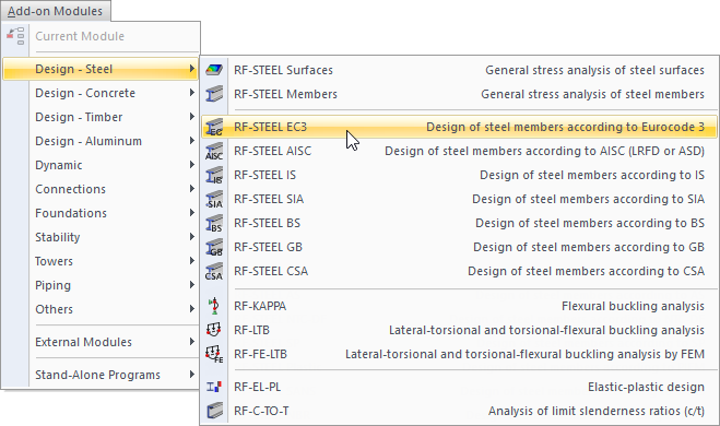 Menu of the add-on module for steel design displayed in RF-STEEL EC3.