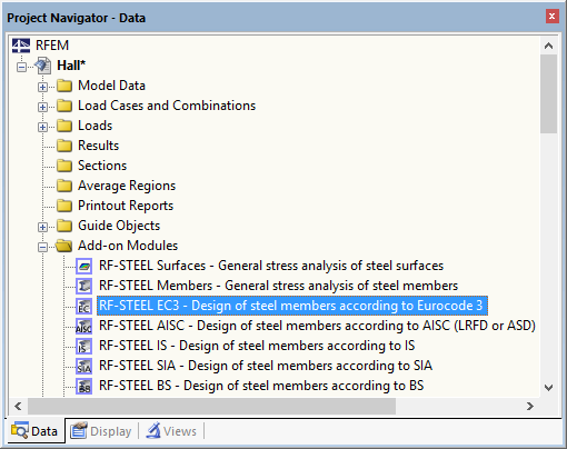 Data navigator for RF-STEEL EC3 with a structured module overview