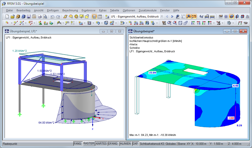 Two windows displaying a detailed view of a building model in RFEM 5.