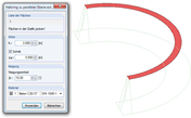 Dialog box for extruding a semi-circle to a parallel surface with inclined lateral surfaces in a CAD tool.