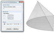 Dialog box for the extrusion of a semi-circle to a point is shown, including the result display.