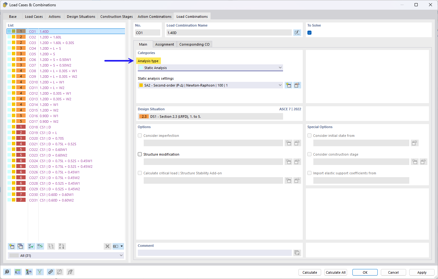 The display of an area analysis in a structural system shows various load scenarios.