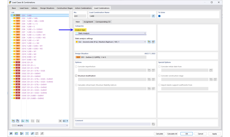 The display of an area analysis in a structural system shows various load scenarios.