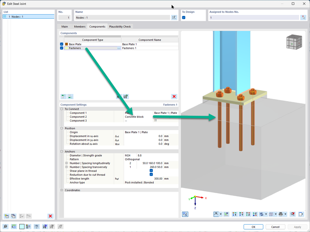 Detailed view of anchor connections in a concrete block in the software function for steel joints.