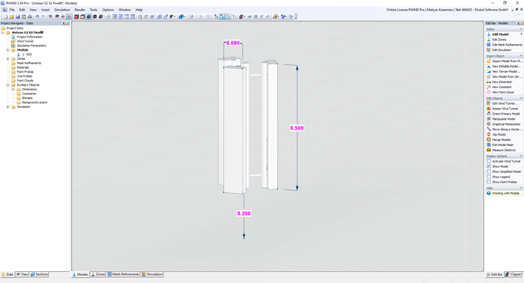 Simulation of three sharp-edged antennas using RWIND software, showcasing aerodynamic effects and flow patterns around complex structures.