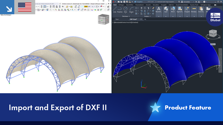 Visualization of DXF import and export options in the software with a model example.