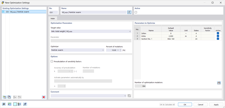 Dialog box for optimization settings to control and start the optimization process in the software interface.