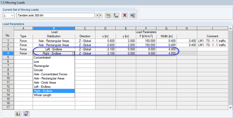 Screen shows input window for defining moving loads on a traffic lane.