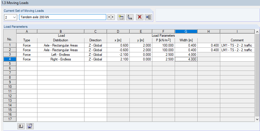 Option for entering specific moving loads for the second traffic lane in structural modeling.