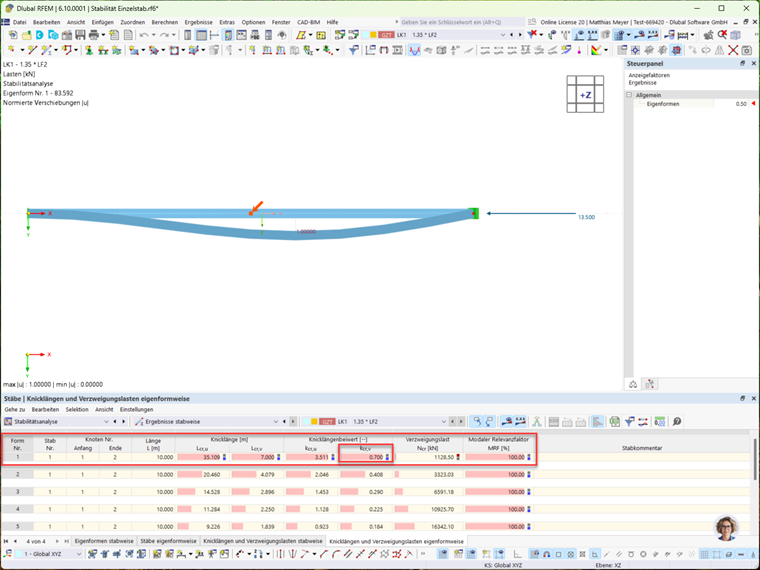 Display of the effective length calculation for a member with graphical buckling mode and effective length factors.