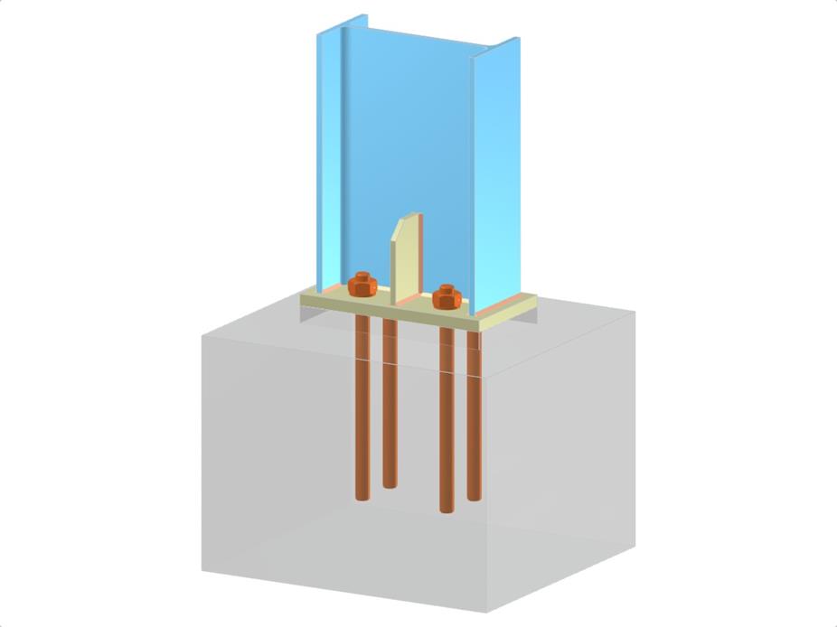 Structural model of a column base featuring a base plate, ribs, and an I-section with anchoring components.