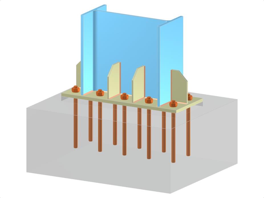 Detailed view of a column base with a base plate, ribs, I-section, and anchoring components, showcasing structural support.