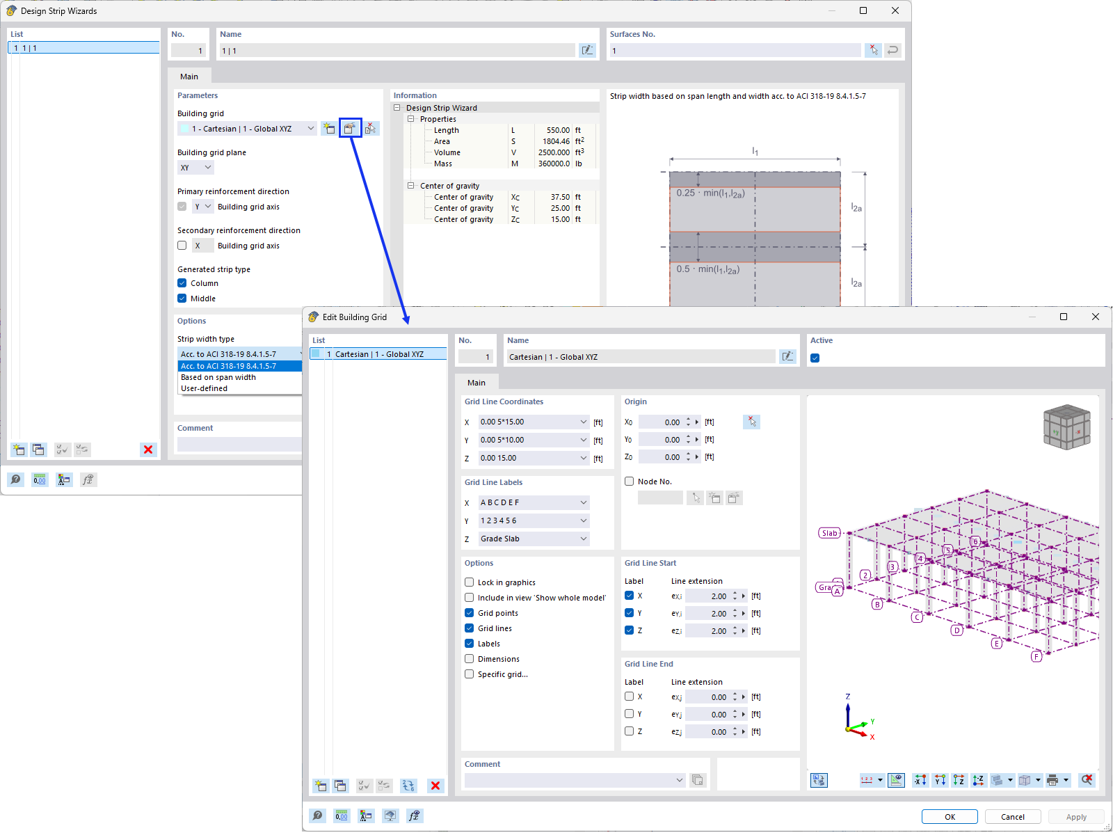 Common building grid layout illustration used in structural analysis and design.