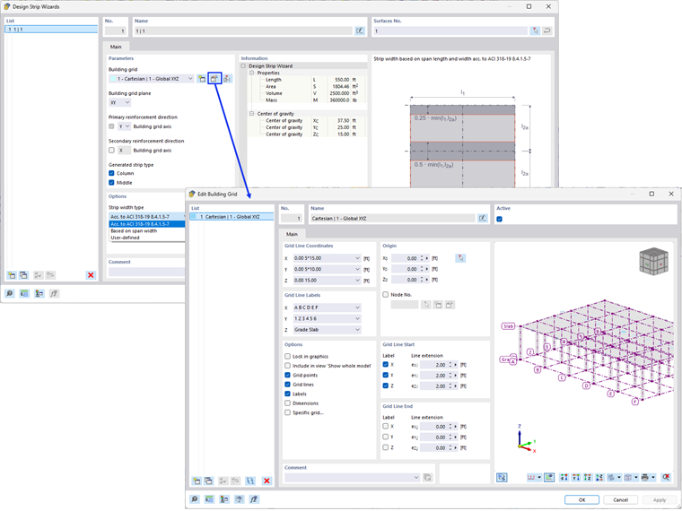 Common building grid layout illustration used in structural analysis and design.