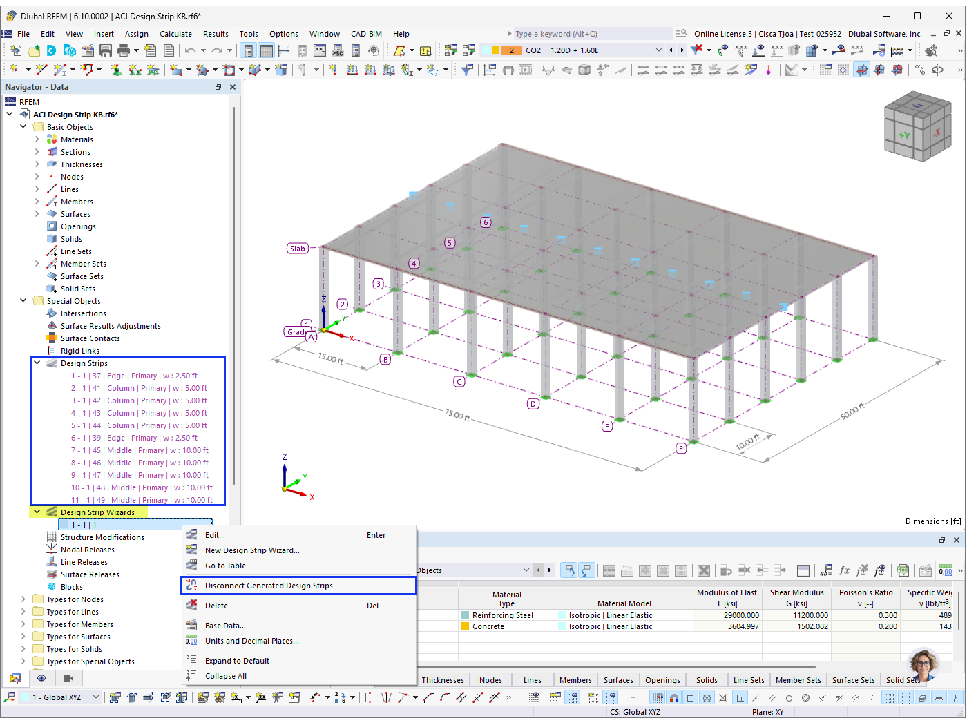 Visualization of structural analysis strips generated in a model using the Strip Wizard tool. These strips aid in analyzing specific load distributions and design aspects of complex structural elements efficiently.