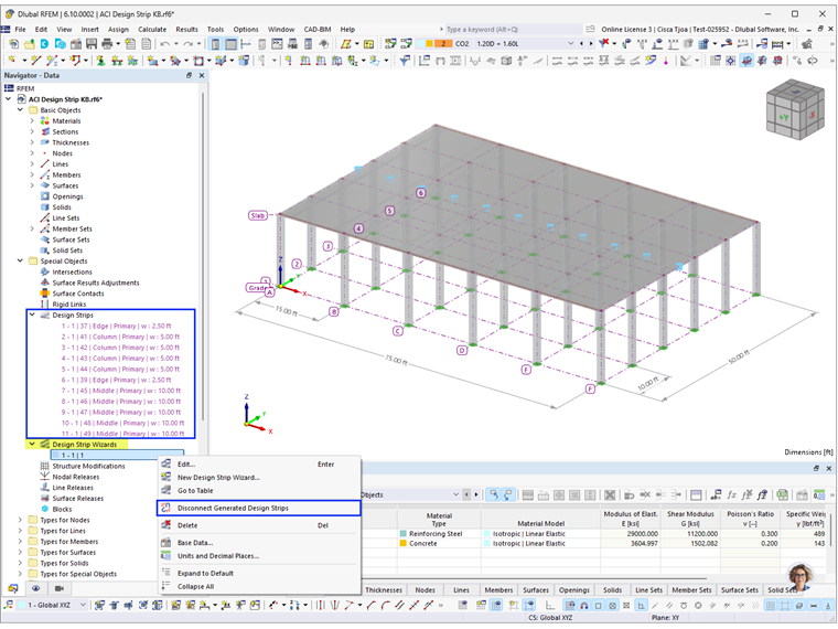 Visualization of structural analysis strips generated in a model using the Strip Wizard tool. These strips aid in analyzing specific load distributions and design aspects of complex structural elements efficiently.