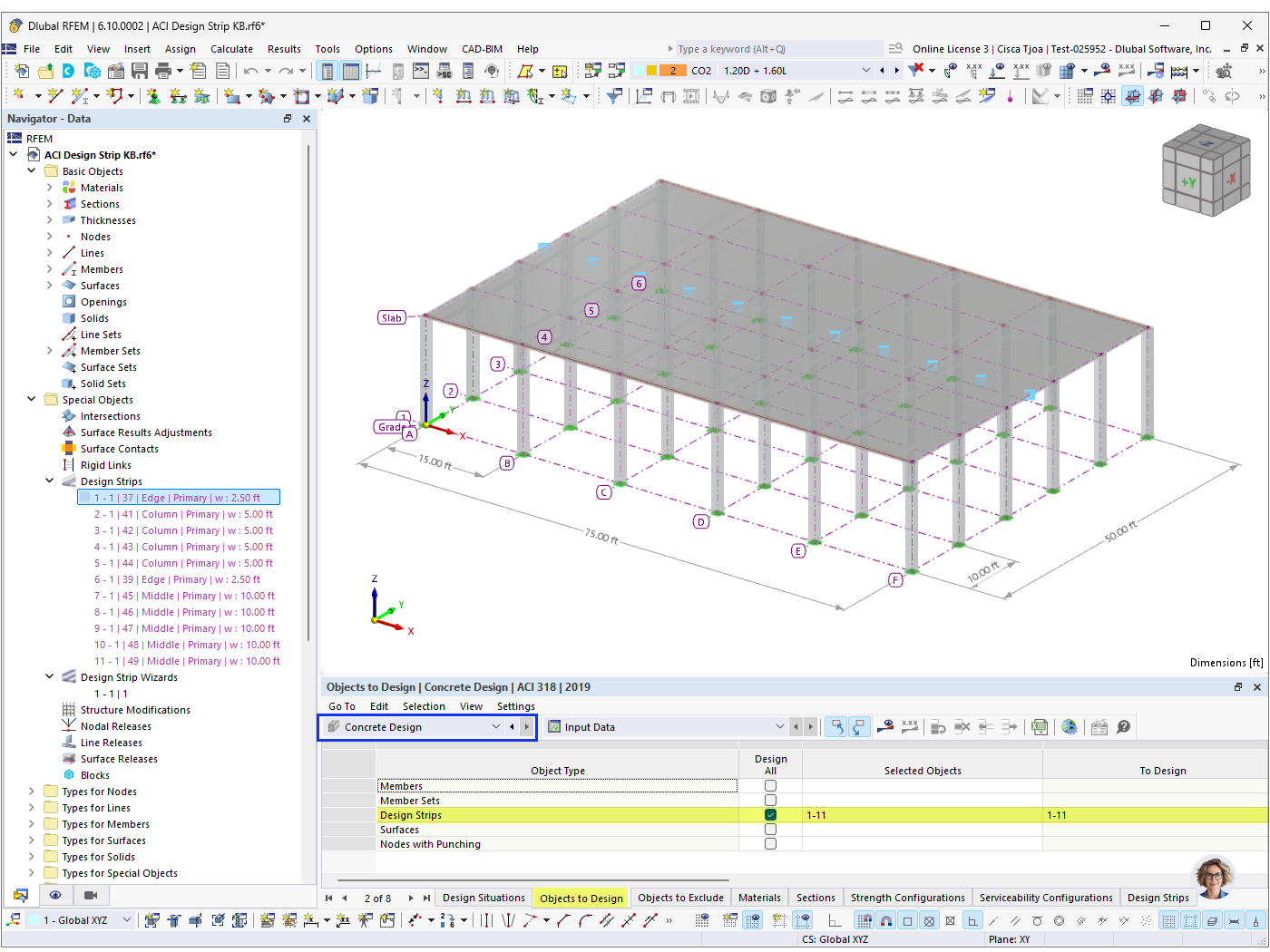 Concrete design data interface showing input fields for various structural parameters.