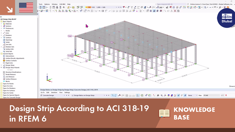Design strips configured according to ACI 318-19 showcasing stress distribution in RFEM 6 with color gradient.