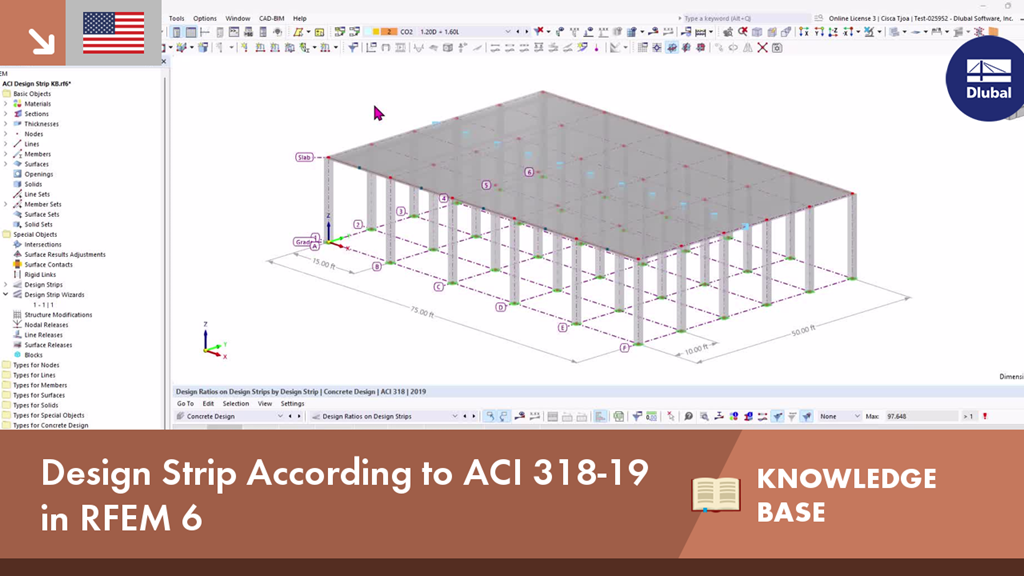 Design strips configured according to ACI 318-19 showcasing stress distribution in RFEM 6 with color gradient.