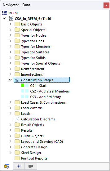 Navigation display with entered construction stages and corresponding detailed data.