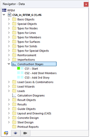 Navigation display with entered construction stages and corresponding detailed data.